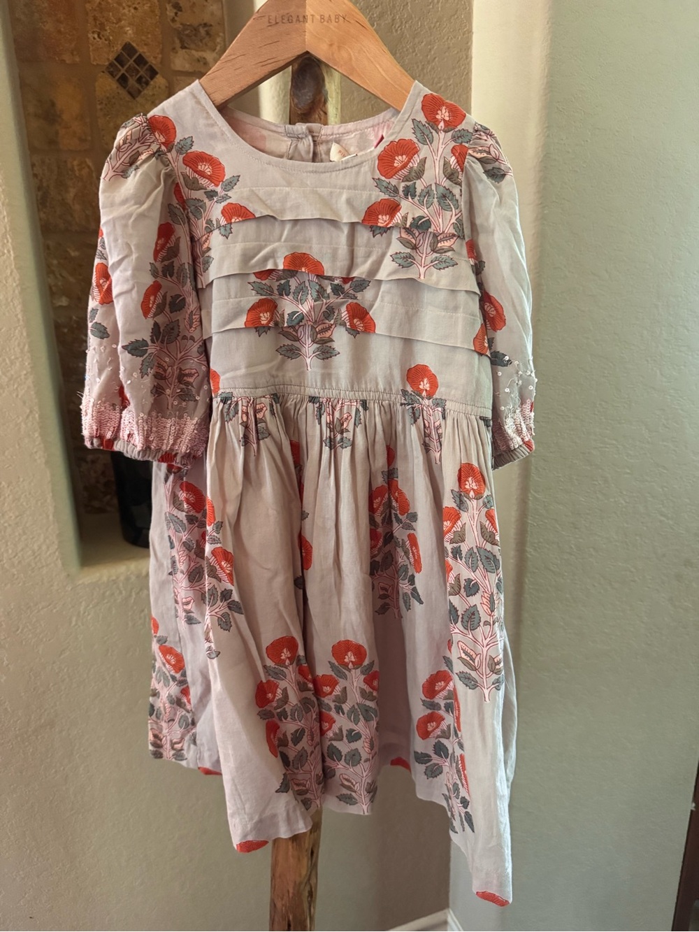 Pink Chicken Cream Dress with Orange Floral Embroidery for Girls with sequins